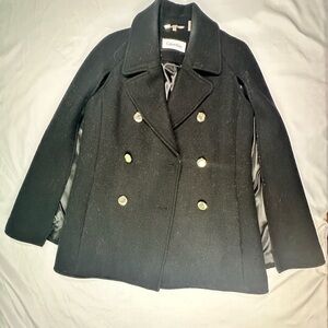 Calvin Klein Black Wool Cape Jacket | Overcoat Style | Gold Button Detail |